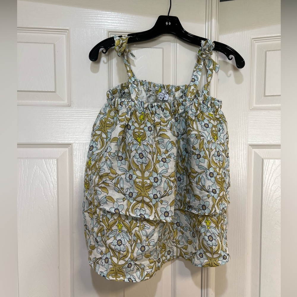 Made in Italy Colorful Floral 100% Linen Ruffle Adjustable Tie Strap Beach Top M